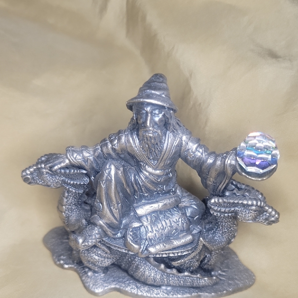 Vintage Myth & Magic Mystique Pewter Wizard W/ Crystal & Dragons By Tudor Mint